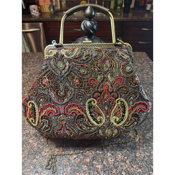 Vintage Style Beaded Bag w Metal Frame Top Handles and Chain - Picture 2 of 11